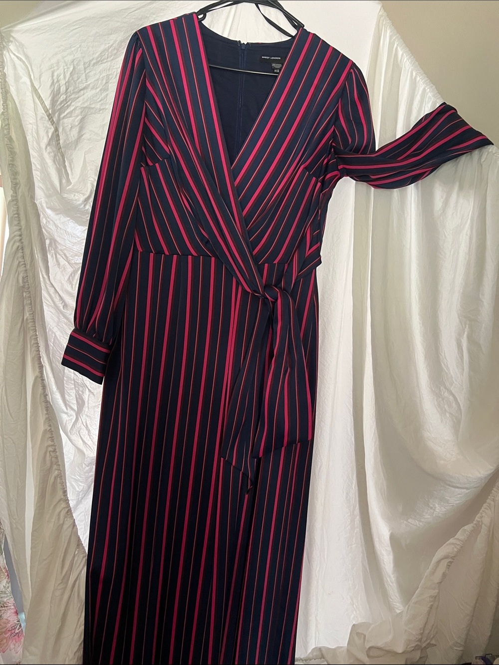 Maggy London Navy & Pink Striped Wrap Jumpsuit
